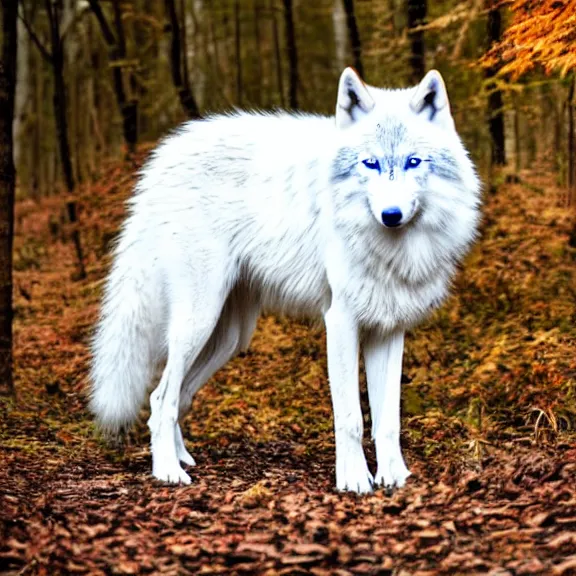 Image similar to white wolf with blue eyes stands in a dormant autumn forest, no yellow color in eyes, no yellow color, realistic