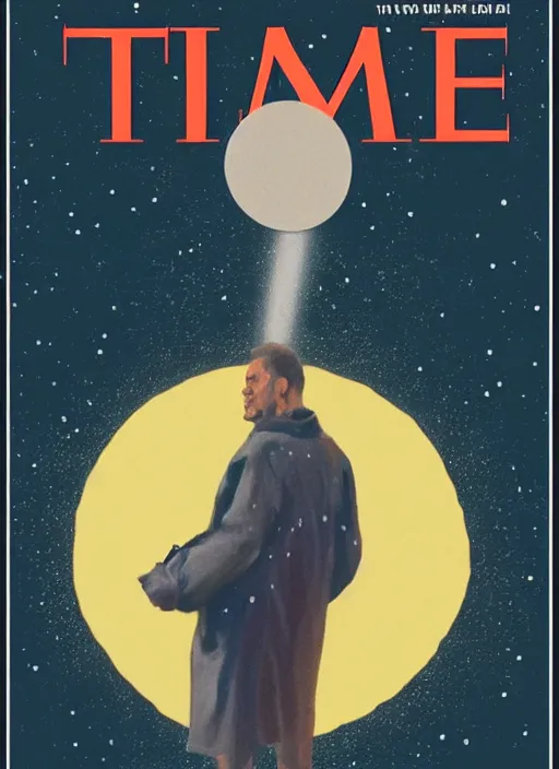 Image similar to the cover of time magazine with a man standing in front of a planet, poster art by Emiliano Ponzi, trending on cg society, private press, sci-fi, elite, cosmic horror