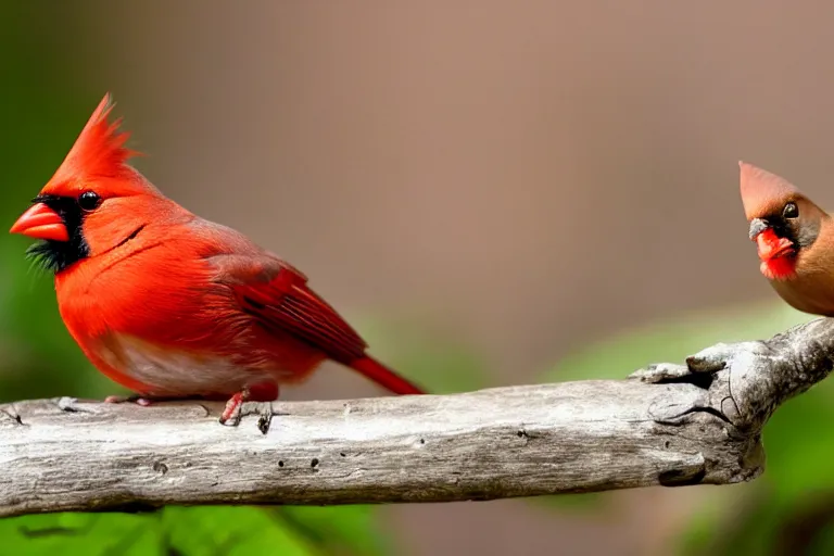 Prompt: a male Cardinal sits next to a beautiful moth with a river in the background, bokeh