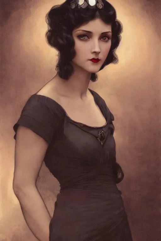 Prompt: high angle photo of a dark haired woman from 2 0 s decade of xx century with robotic eyes, gloomy atmosphere, film noir realistic, sharp focus, 8 k high definition, insanely detailed, artstation, concept art, smooth, sharp focus, illustration, art by artgerm and greg rutkowski and alphonse mucha and william - adolphe bouguereau