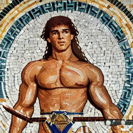 Image similar to ancient greek mosaic of young arnold schwarzenegger holding a big zelda sword