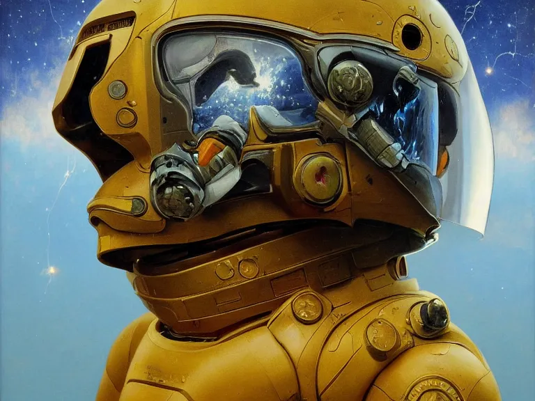 Image similar to a detailed profile oil painting of an advanced shock trooper in a spacesuit with reflective helmet, technology flight suit, portrait symmetrical and science fiction theme with lightning, aurora lighting clouds and stars by beksinski carl spitzweg and tuomas korpi. baroque elements, full-length view. baroque element. intricate artwork by caravaggio. Trending on artstation. 8k