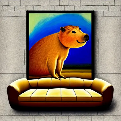 Prompt: capybara posing on a couch | in the style of salvadore dali | matte oil painting | featured on artstation | impressionist