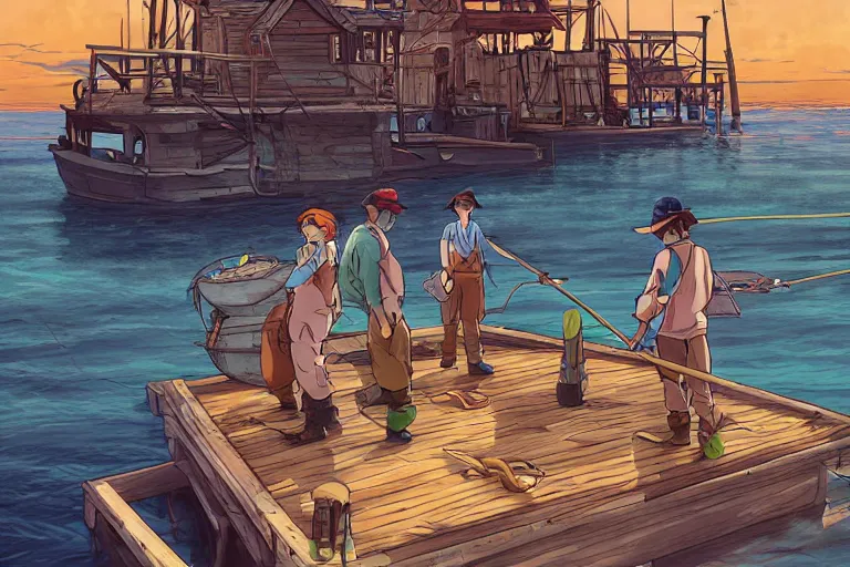 Image similar to cell shaded anime key visual of a group of fisherman trying to sell fish on the docks of a coastal fantasy city in the style of studio ghibli, moebius, makoto shinkai, dramatic lighting