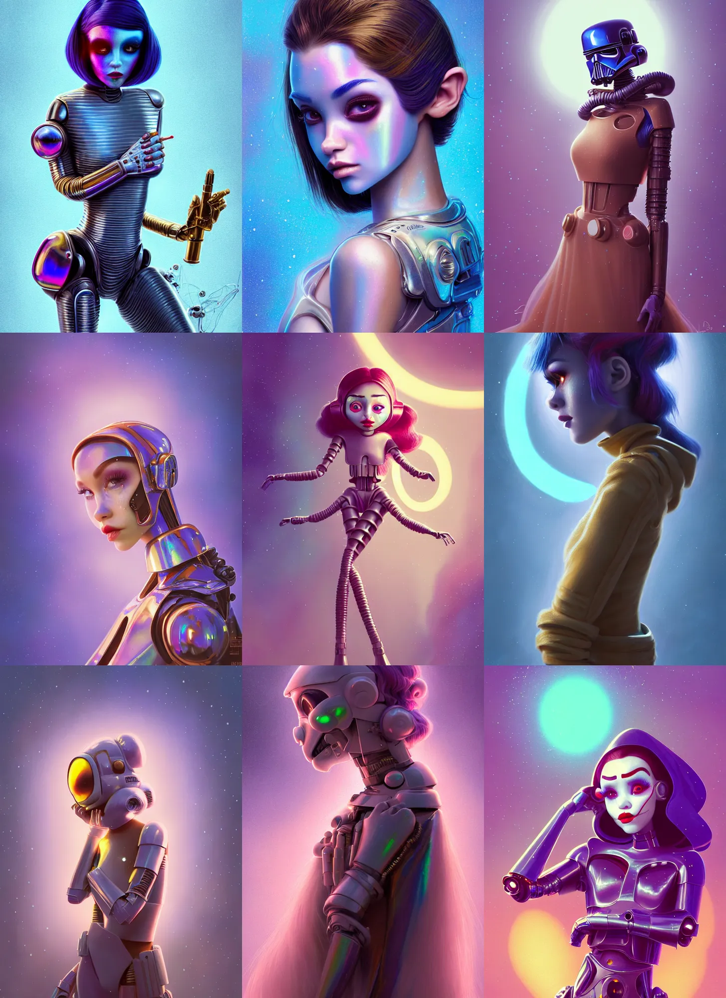 Prompt: disney pixar 8 k photo, lush glossy ivory magnificent iridescent star wars emo clowncore prom cyborg madison beer, fashion art, ( golden ratio ), arctic, sci fi, fantasy, cyberpunk, intricate, decadent, highly detailed, digital painting, octane render, artstation, concept art, smooth, sharp focus, illustration, art by loish, wlop