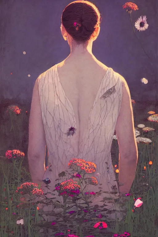 Prompt: beautiful woman with her back turned, in a garden, imperil, beauty portrait by greg rutkowski, hilma af klint, moebius, victo ngai, sharp focus, global illumination, highly detailed, masterpiece, award winning, post processing