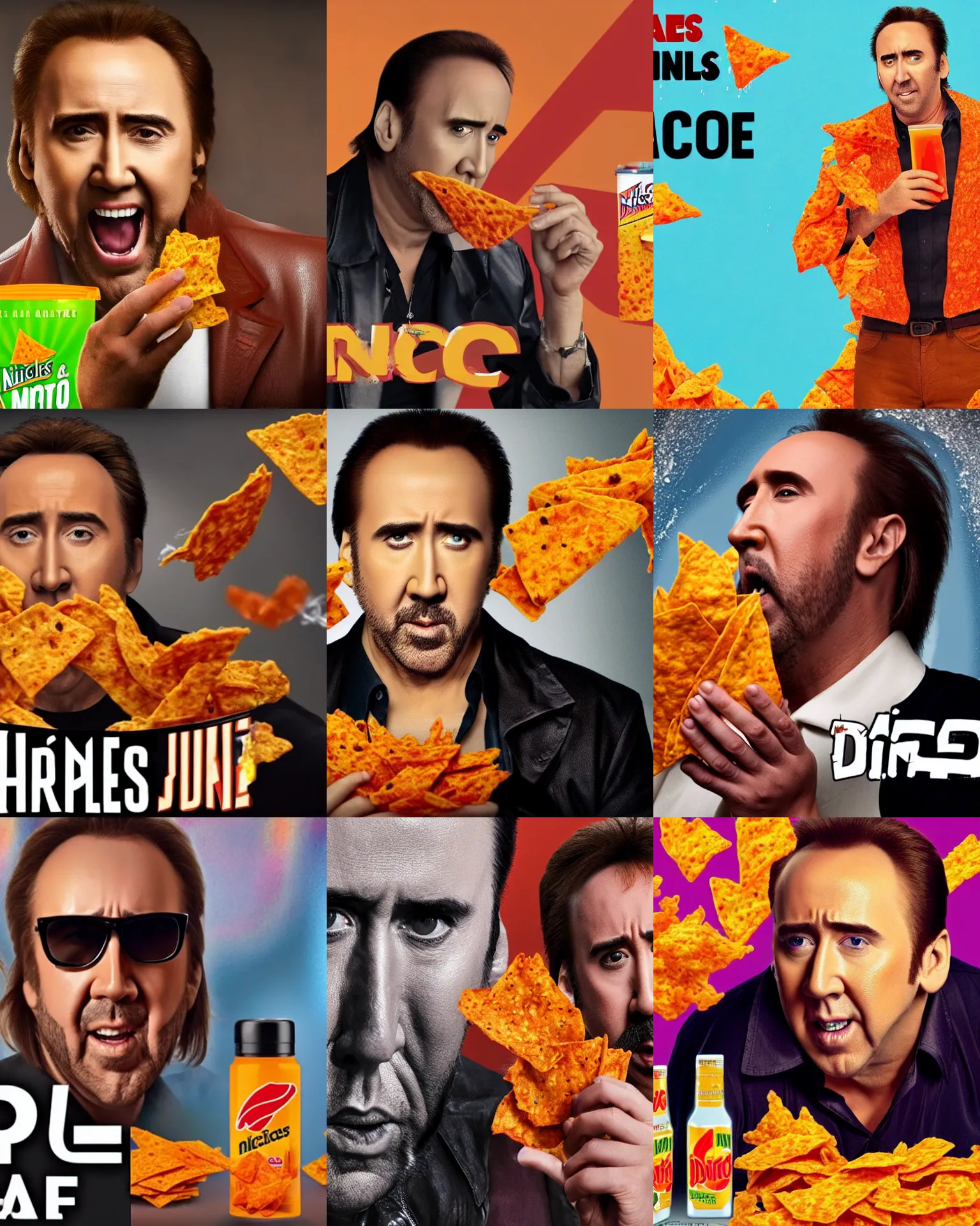 Prompt: nicolas cage happily drinking dorito juice, spilling juice, wet mouth, viral product advertisement hd, commercial banner, english text