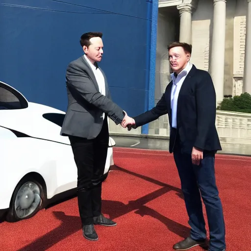 Prompt: Elon Musk shakes hands with Sonic the Hedgehog in front of the capital building. Photographic quality.