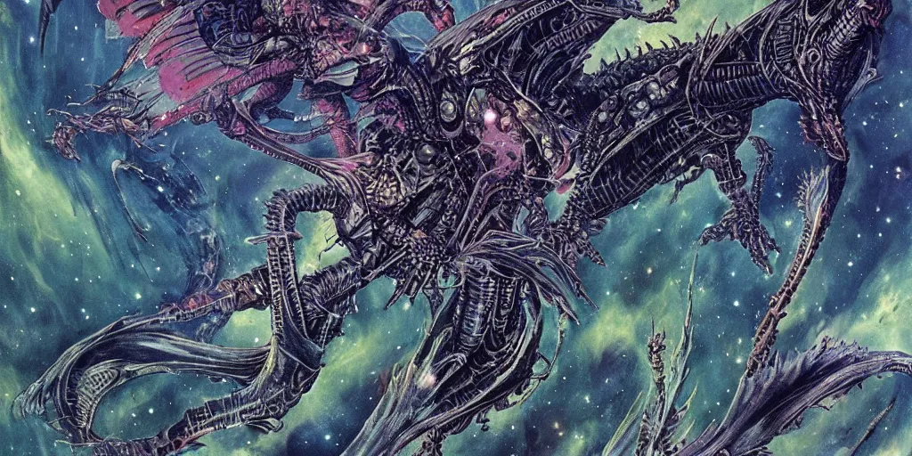 Image similar to an alien dragon flying through outer space, epic nebula, style of philippe druillet matte illustration