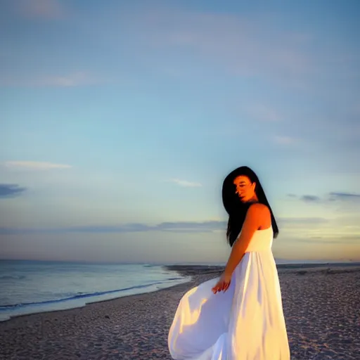 Prompt: a beautiful photograph of a woman in a white dress on the beach at sunset, by krysia lukkason