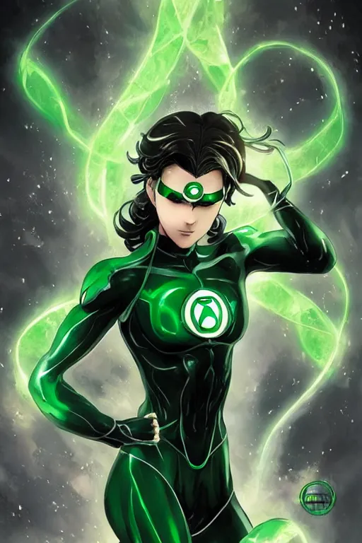 Image similar to anime key visual of a beautiful young female green lantern!! intricate, green and black suit, glowing, powers, dc comics, cinematic, stunning, highly detailed, digital painting, artstation, smooth, hard focus, illustration, art by artgerm and greg rutkowski and alphonse mucha