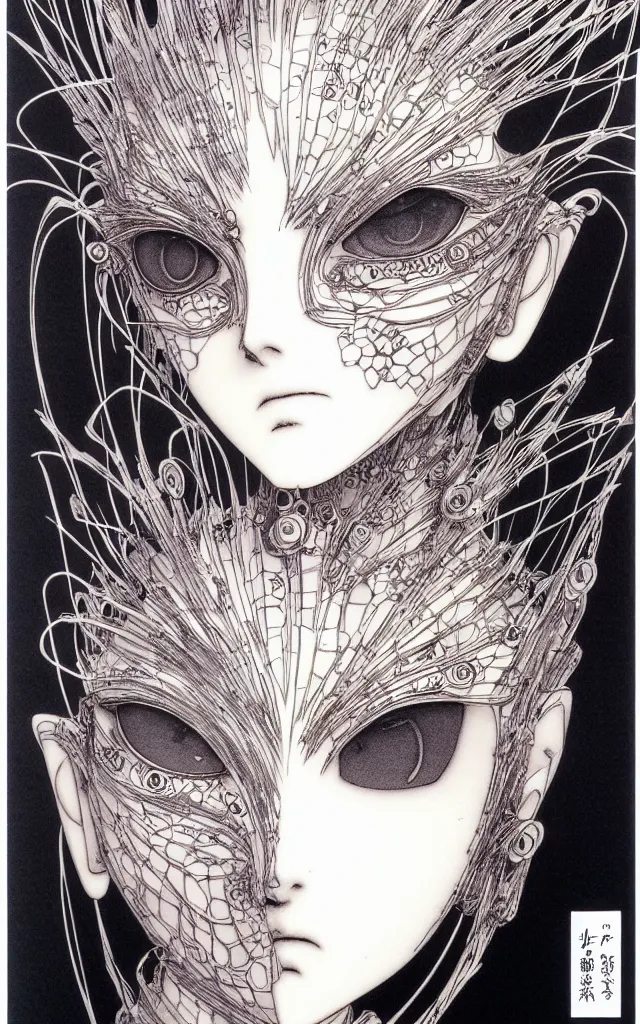 Image similar to prompt: Fragile looking face drawn by Yoshitaka Amano, mystic eyes, ceramic looking face, cyber parts inspired by Evangeleon, clean ink detailed line drawing, intricate detail drawing, manga 1990, portrait