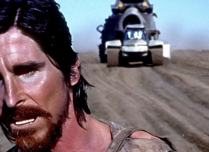 Image similar to film still of Christian Bale as Max in Mad Max 1979