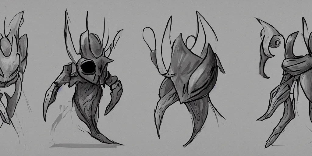 Prompt: cartoonish hollow knight, character sheet, fine details, concept design, contrast, front view, back view, ultra wide angle