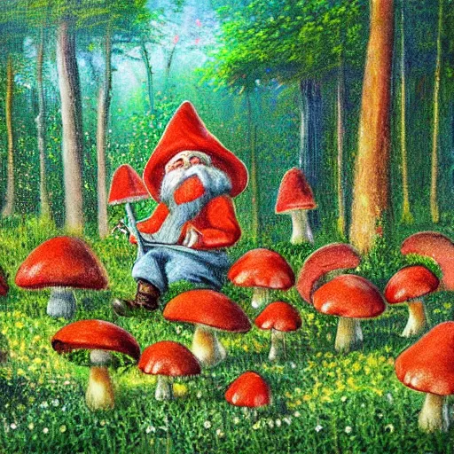 Prompt: many gnomes working in a natural floral forest, building mushrooms, fairytale, impressionism