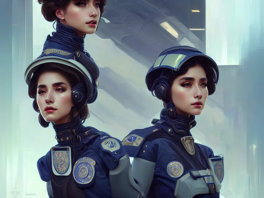 Image similar to portrait futuristic italy police uniform female, at future neon light rooftop, ssci - fi and fantasy, intricate and very very beautiful and elegant, highly detailed, digital painting, artstation, concept art, smooth and sharp focus, illustration, art by tan zi and ayanamikodon and alphonse mucha and wlop