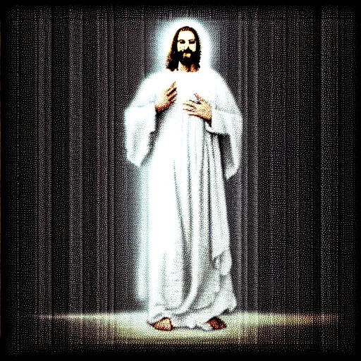 Image similar to vhs static overlay of jesus apparition, vhs, 1 9 9 0, highly realistic, highly detailed, vhs noise static, black and white, vhs glitch