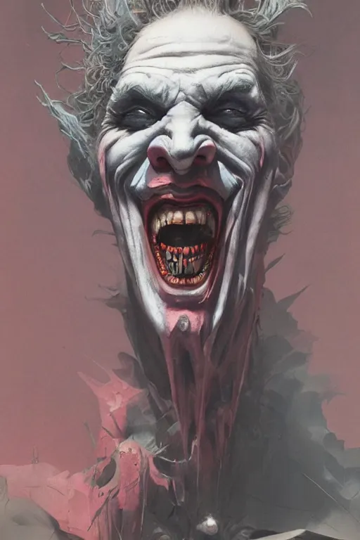 Image similar to distorted, laughing, grotesque Joker, dc comics, dark, intricate, smooth, artstation, painted by Wayne Barlowe, Greg Rutkowski, Zdislav Beksinski