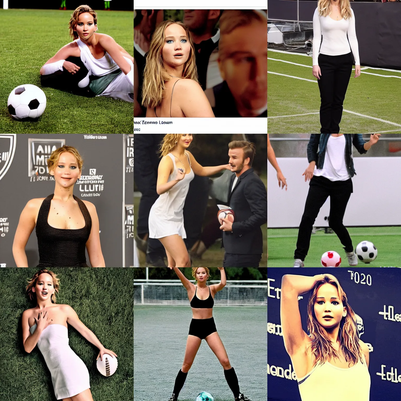 Prompt: Jennifer Lawrence as David Beckham, posing with her foot on a football
