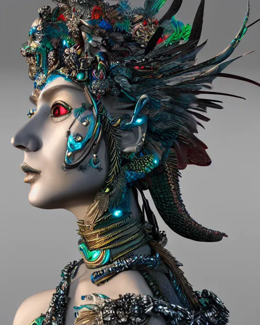 Prompt: 3 d warrior goddess close - up profile portrait. beautiful intricate highly detailed chuu! magpie helm and richly embroidered blouse, quetzalcoatl, stingray, bioluminescent, plasma, lava, ice, feather, wind, stormy, artwork by tooth wu and wlop and annie leibovitz, octane 3 d render