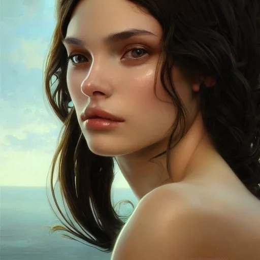 Image similar to Instagram Model, olive skin, long dark hair, beautiful bone structure, intricate, elegant, highly detailed, digital painting, artstation, concept art, smooth, sharp focus, illustration, art by artgerm and greg rutkowski and alphonse mucha