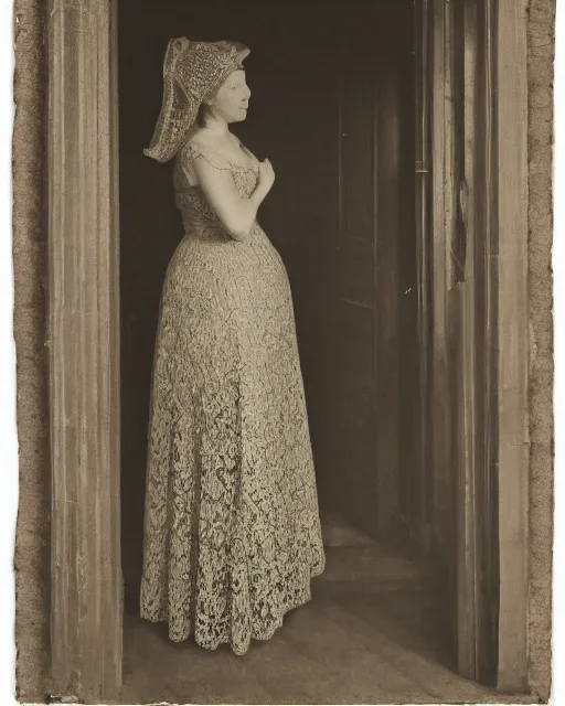 Prompt: a woman standing in a doorway, made of intricate decorative lace leaf, in the style of the dutch masters and gregory crewdson, dark and moody