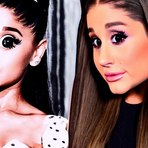 Prompt: ariana grande slowly transforming into a funko pop on live broadcast