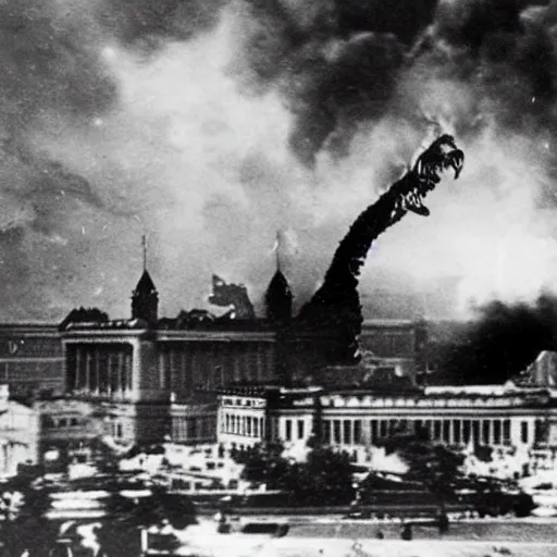 Prompt: ww 2 photo of godzilla destroying the reichstag
