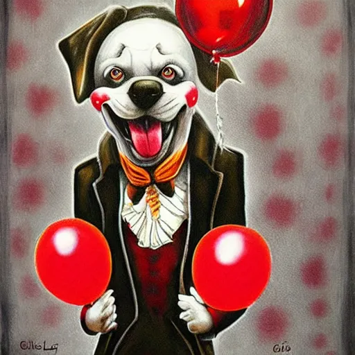 Image similar to grunge cartoon painting of a dog at the circus with a wide smile and a red balloon by chris leib, loony toons style, pennywise style, horror theme, detailed, elegant, intricate