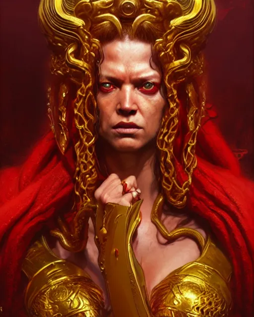 Image similar to fierce medusa in a red and golden robe, fantasy character portrait, ultra realistic, concept art, intricate details, highly detailed by greg rutkowski, gaston bussiere, craig mullins, simon bisley