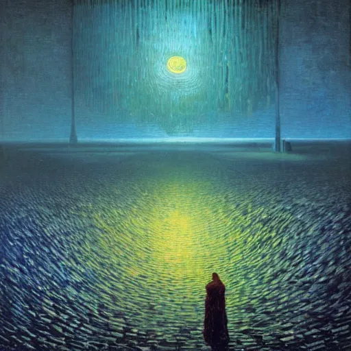 Image similar to The first artificial general intelligence awakens - award-winning digital artwork by Salvador Dali, Beksiński, Van Gogh and Monet. Stunning lighting