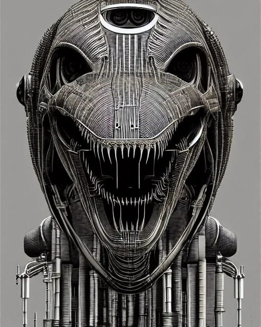 Image similar to mechanical robot trex transformer dinosaur head, bold line symmetrical illustration by peter gric, hr giger, kim jung gi, joe fenton, scifi, screen print, art station, pistons and engine parts, sharp, high contrast, hyper detailed,