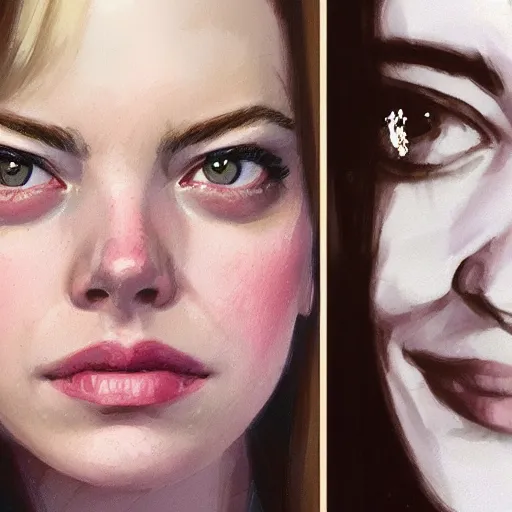 Image similar to sibgle female face portrait : left - half of this face is is sad emma stone, right - half of this face is smiling emma stone, fine details, realistic shaded lighting poster by greg rutkowski, magali villeneuve, artgerm, jeremy lipkin and michael garmash and rob rey