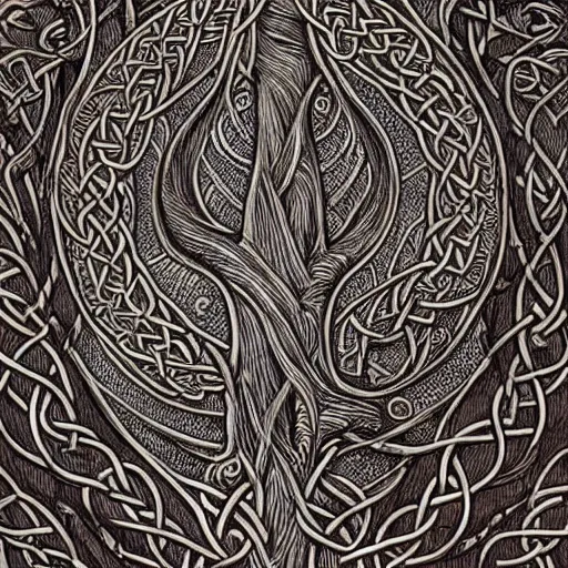 Image similar to Intricate and highly detailed Celtic Knotwork etched in an ancient tree, intricate, highly detailed, fullbody, artstation, dark fantasy, concept art, smooth, sharp focus, illustration, art by greg rutkowski and orientalism and bouguereau and Zdzislaw Beksinski, good clear quality, lighting, biology, symmetrical artwork, 135 mm, cinematic, hyper realism, high detail, octane render, 8k, chrome accents