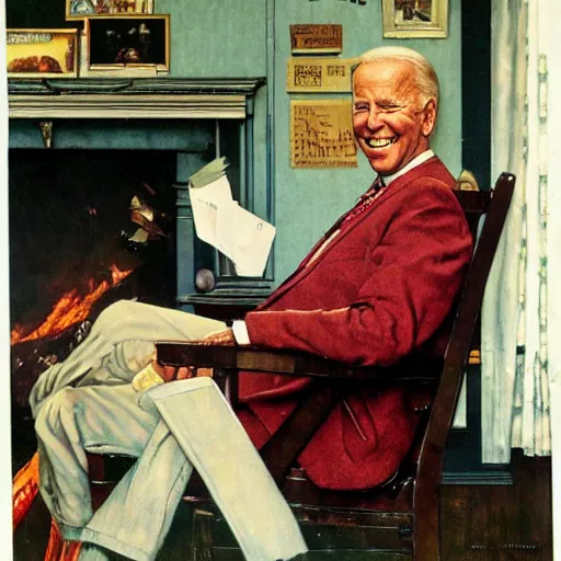 Prompt: a portrait painting by Norman Rockwell of Joe Biden sitting in a chair. Cozy fire. Legs crossed