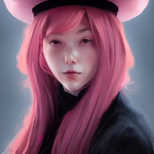 Prompt: a photorealistic dramatic fantasy render of a pink coloured haired young girl with a black wool modern hat by wlop, artgerm, greg rutkowski, alphonse mucha, beautiful dynamic dramatic dark moody lighting, shadows, cinematic atmosphere, artstation, concept design art, octane render, 8 k