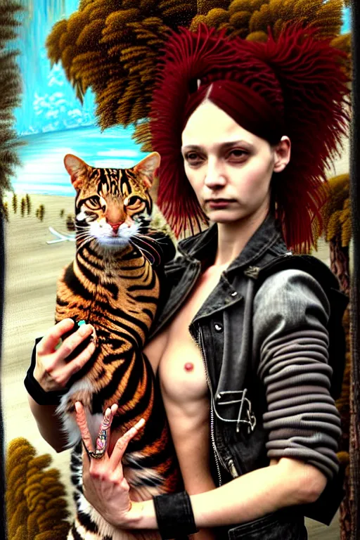 Image similar to punk rock girls making selfie and smoking with cats in jungle , mad max jacket, post apocalyptic, renaissance, highly detailed, digital painting, oil painting by Leonardo Da Vinci, hyper realistic style, fantasy by Olga Fedorova