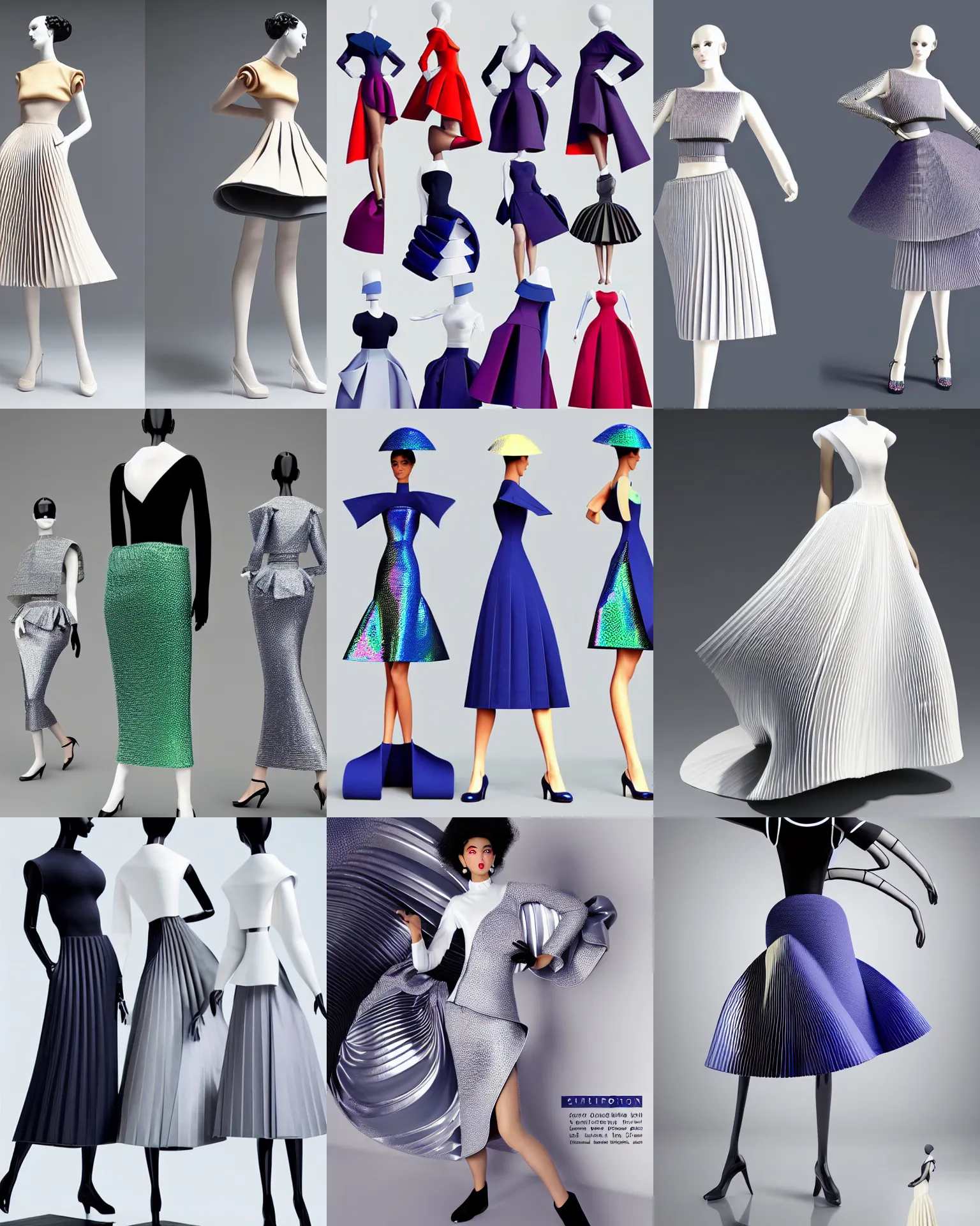 Prompt: designer figure collection ball shaped accordion sleevehaute couture, sailor uniform, midi skirt, coated pleats, synthetic curves striking pose, stylized dynamic folds, cute huge pockets, volume flutter, youthful, modeled by modern designer bust, smart textiles, body fitted dart manipulation, holographic scheme, expert composition, professional retouch, editorial photography