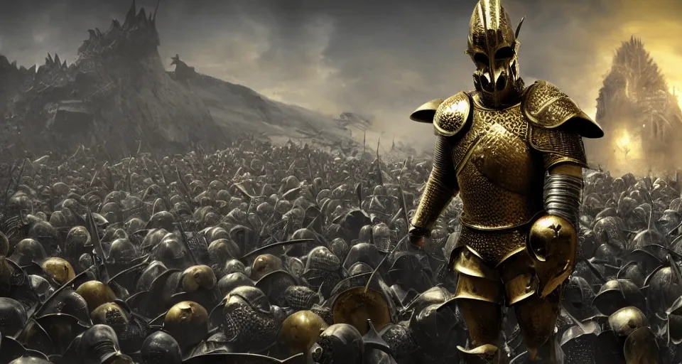 Image similar to 3d render of A knight with a skull mask, wearing a golden set of armor standing in the middle of a battlefield with a sea of knights fighting, hyper realistic 3d, unreal, craig mullins, alex boyd, lord of the rings, game of thrones, dark souls, artstation, cinematic action shot, warhammer