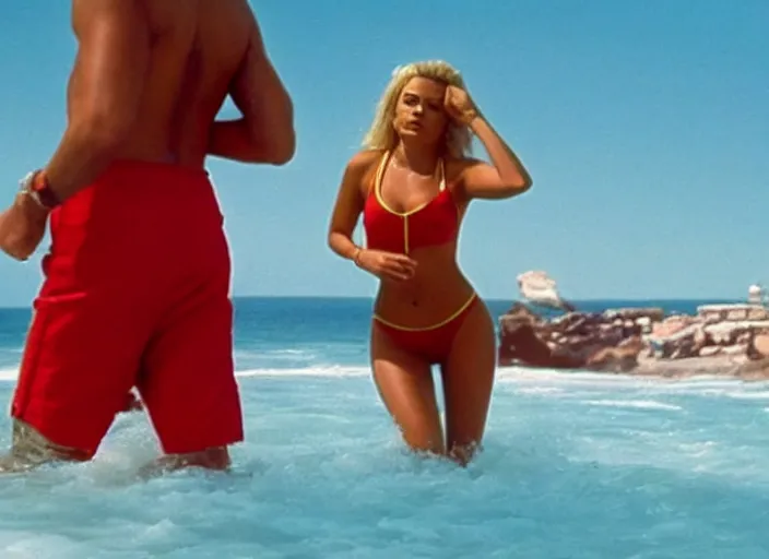 Image similar to a pov, film still of dua lipa as pamela anderson in baywatch, cinematic.