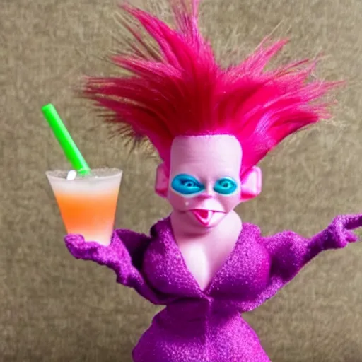 Image similar to 90s troll doll toy, surrounded by lots of money, and drinking a martini with high heels, and bright hair.