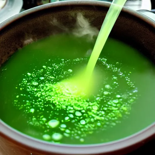 Image similar to brewing violent bubbling green fluid universe soup, green steam rising from soup