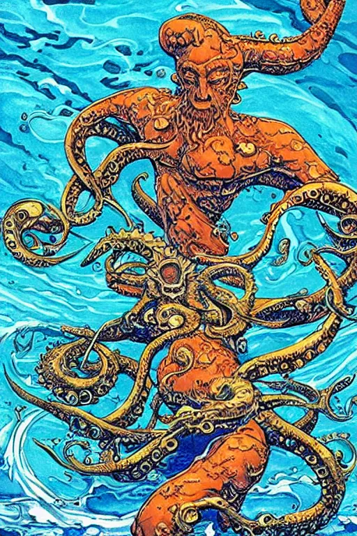 Prompt: a poseidon - android fighting a kraken, artwork by jean giraud