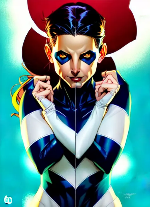 Prompt: artgerm, joshua middleton comic cover art, pretty sarah michelle gellar superhero, asymmetrical black oval spot covering left eye only, very pale white skin, no spot right eye, white around right eye