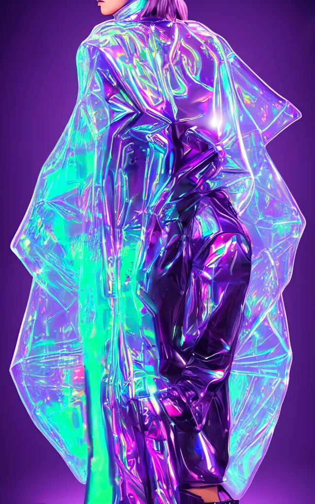 Image similar to transparent sportive poncho, holographic plastic, pearl shine translucency, fashion design, neon illumination, qr detailed sleeves, sport photoshoot, music festival style, digital art, highly detailed, character design, artstation, concept art