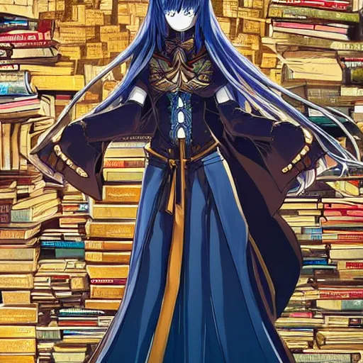 Prompt: “A detailed stunning and beautiful anime woman with brown flowing hair, long blue-cape, decorative leather armor, great proportions, golden ratio, excellent detail, surrounded by a catacomb of books, high quality, Full-body character portrait, trending on artstation, by rossdraws”