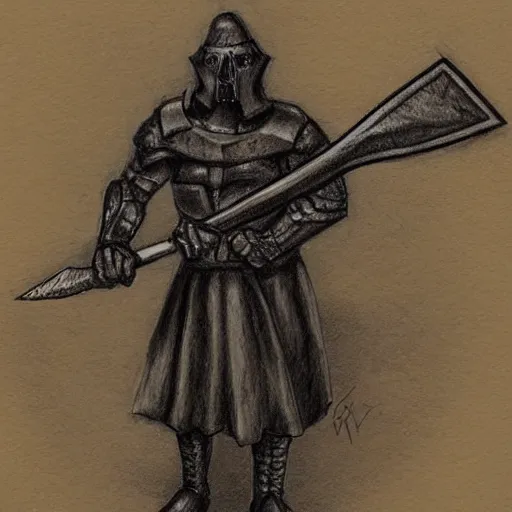 Prompt: a Ballpoint pen art sketch of an executioner holding a big axe, full body