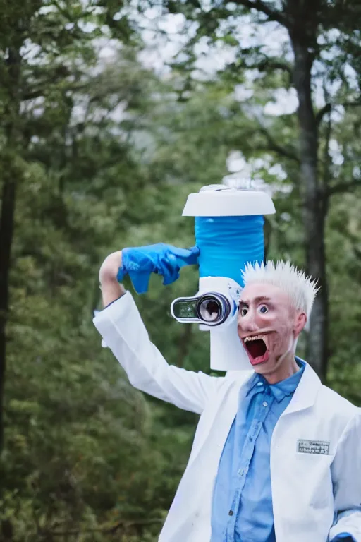 Image similar to real life pickle rick with white labcoat and blue spiky hair, zeiss lens, photography