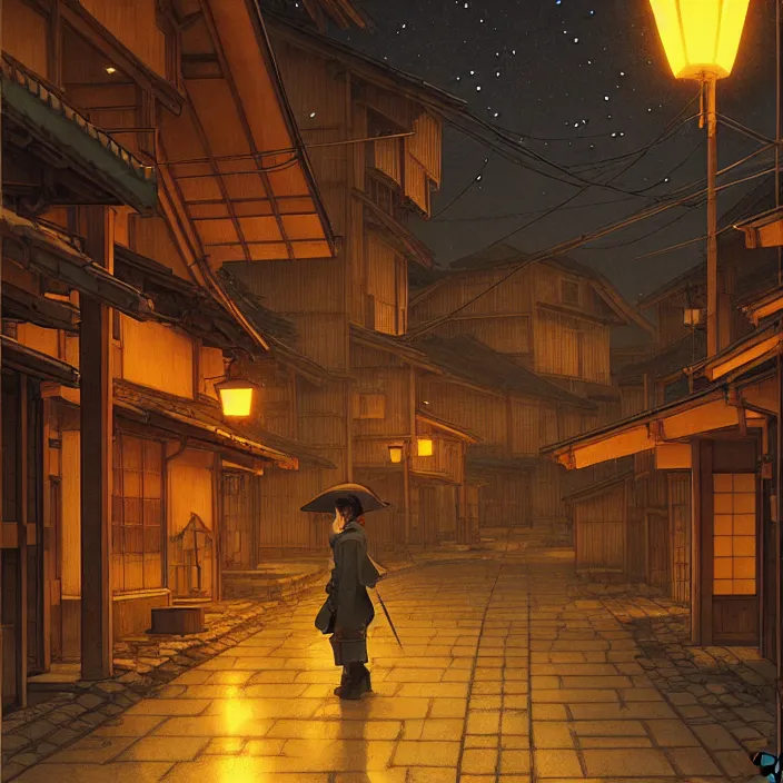 Image similar to empty rural japanese town at night, winter, in the style of studio ghibli, j. c. leyendecker, greg rutkowski, artem