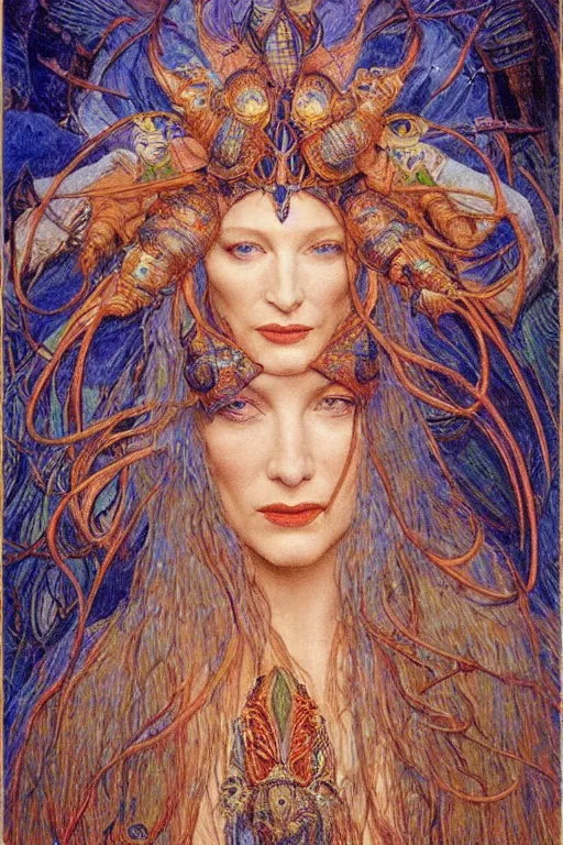 Image similar to cate blanchett , by jean delville and Gaston Bussière and Tino Rodriguez and Diego Rivera , elaborate headdress and embroidered velvet, iridescent beetles, rich color, dramatic cinematic lighting, extremely detailed